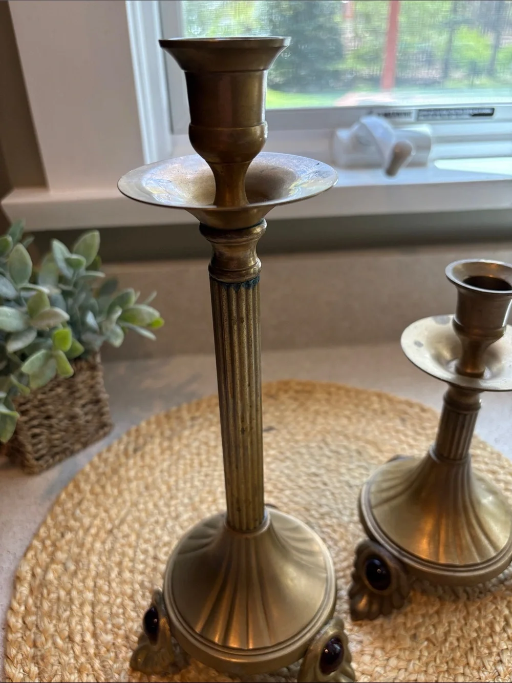 Pair of Vintage Brass Candlesticks Leaf Footed w/ Ruby Colored Gemstone